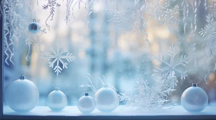 Fotobehang Winter frost on glass with small decorations on or behind the window © boti1985