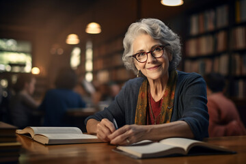A senior female caucasian student is studying while wearing glasses with a book in a busy school library on a table with a bookcase in the background