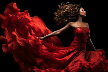 A beautiful stunning african american woman is wearing a dress with eyes closed with flying waving red fabric with a black background ; a full waving red dress