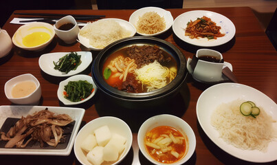 Korean feast with traditional food and dishes. 