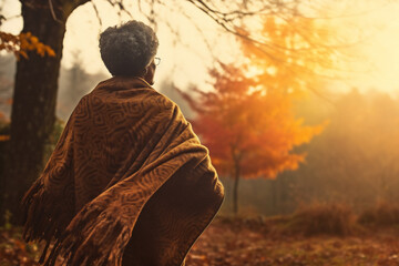 A senior african american woman is walking happily with an autumn coat in a forest during sunset in autumn with no leaves on the trees