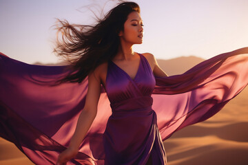 A stunning beautiful asian woman is spreading her arms while wearing a dress with eyes closed with flying waving purple fabric with a desert as background : a full waving dress