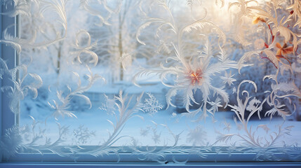 Winter frost on glass with small decorations on or behind the window