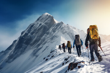 A close up of a group of tourist mountaineers and their guide are standing on the top of a mountain with thick coats on a in snow covered mountain hill with trails of footsteps on a bright sunny day