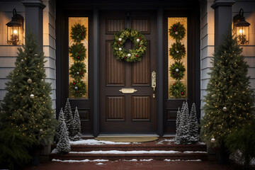 Fototapeta na wymiar A modern wooden pivot door is decorated brightly with christmas and new years decoration the place seen from the exterior typical christmas wreath and ornamental decoration