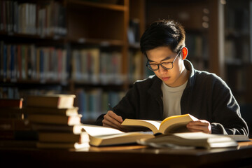 A senior male asian student is studying while wearing glasses with a book in a busy school library on a table with a bookcase in the background