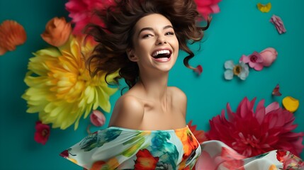 Cheerful Lady with Colorful Flowers, Concept fragrance perfume Made from various flowers