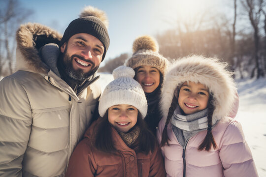 A happy latin family is posing playfully in front of the camera with winter coats and wearing winter hats in a in snow covered country landscape during a bright day in winter on a sunny day