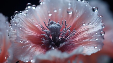 A close-up view of a dew-kissed Pearl Poppy, showcasing its intricate details and the tiny droplets.