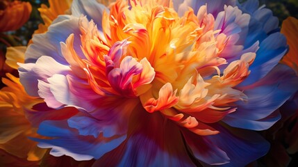 A close-up view of a high-resolution 8K Starburst Peony in full bloom, with sunlight accentuating...