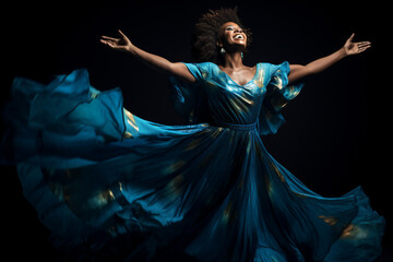 A beautiful stunning african american woman is wearing a dress with eyes closed with flying waving blue fabric with a black background : a full waving dress