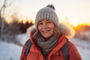 A senior latin woman is posing in front of the camera happily with a winter coat and a winter hat in a in snow covered country landscape during sunset in winter while snowing