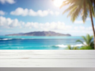 Summer beach background. Empty white table top in front, close-up, blurred tropical resort background. Vacation paradise banner with empty space for advertising product. Blank shelf generated by AI - obrazy, fototapety, plakaty