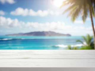 Fototapete Rund Summer beach background. Empty white table top in front, close-up, blurred tropical resort background. Vacation paradise banner with empty space for advertising product. Blank shelf generated by AI © SD Danver