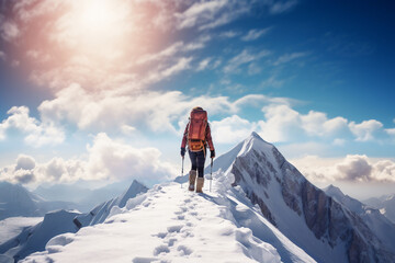 Fototapeta na wymiar A distant photo of a female mountaineer is standing on the top of a mountain with a thick coat on a in snow covered mountain hill with a trail of footsteps on a sunny day