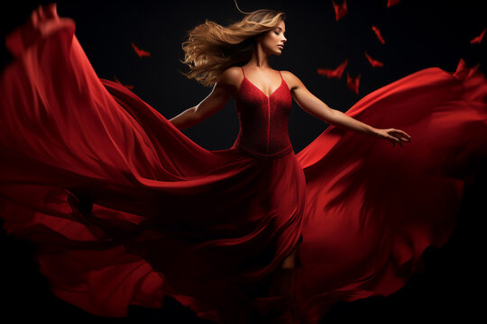 A beautiful stunning caucasian woman is spreading her arms while wearing a dress with eyes closed with flying waving red fabric with a black background ; a full waving red dress