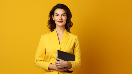 European woman in yellow office suite stands in front of yellow background holds a notebook or black folder with documents, AI-Generated with solid background and copy space