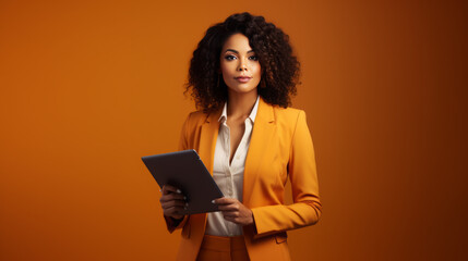 Afro woman young lady in orange business suite stands in front of orange background confident look into camera, AI-Generated, Copy space, solid background, successfull businesswoman 
