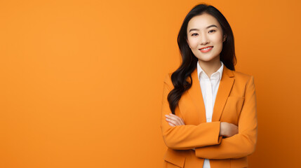 Business lady in formal office orange suite stands in front of orange solid background looks into camera, presentation background, AI-Generated