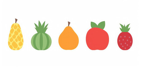 Set of stylized summer fruits isolated on a white background. Pineapple, pear, apple, watermelon, strawberry clipart. 