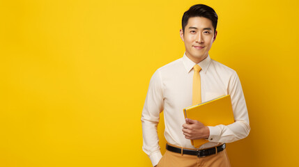 Man in yellow office suite holds black folder in the hands stands in front of a yellow background, presentation template, AI-Generated, Asian man looks into camera, copy space, solid background