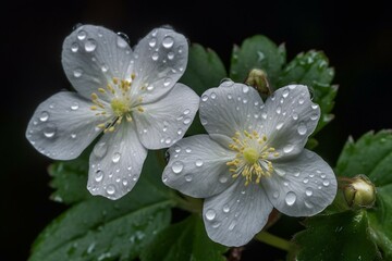 Petals of Diphylleia grayi appear transparent on a rainy day. Generative AI
