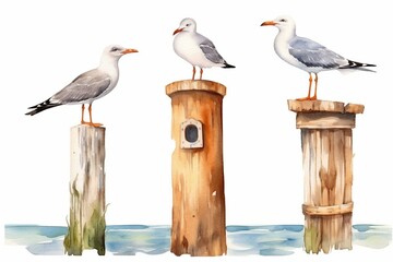 Colorful wooden pillar with pointers, seagull and sandpiper birds on a white background, watercolor marine illustration, symbolizing summer travel. Generative AI
