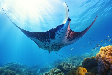 majestic manta ray gliding through vibrant ocean. Generative AI - obrazy, fototapety, plakaty
