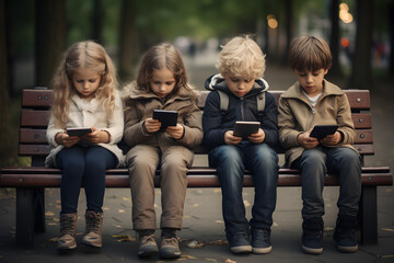 group of children sitting in a park on a bench using cell phones, tablets and iPads, the concept of children's technology addiction
