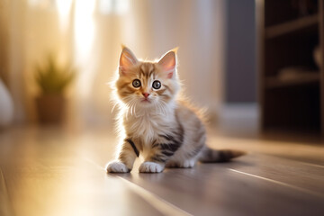a small striped kitten in the apartment, a pet at home on the floor