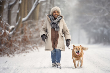 A senior african american woman is walking happily with the dog with a winter coat and winter hat in a in snow covered forest during day in winter while snowing