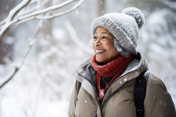 Obraz premium A senior african american woman is walking happily with a winter coat and a winter hat in a in snow covered forest during day in winter while snowing