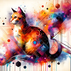 cat colorful splashes of paint, geometric, abstract art, generative AI.