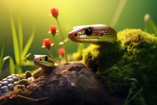 close-up of a green textured snake and her baby, a venomous animal of the wildlife, animal family in nature