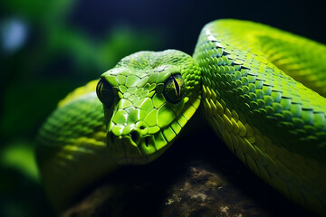 Fototapeta premium close-up of a green textured snake, a venomous animal of the wildlife