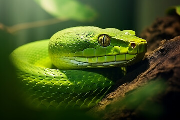 Fototapeta premium close-up of a green textured snake, a venomous animal of the wildlife
