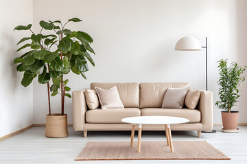 bright minimalist interior in beige tones, a living room with a leather sofa, a coffee table and green house plants in pots without people, modern design of light room