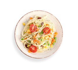 Plate with tasty pasta primavera on white background