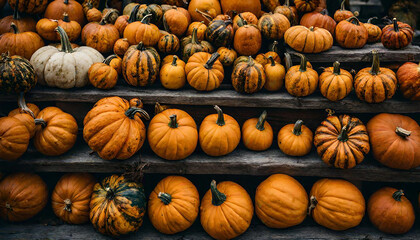 Colorful pumpkins and gourds on autumn market. Autumn thanksgiving background.