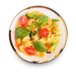 Plate with delicious pasta primavera on white background