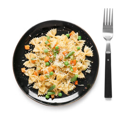 Plate with tasty pasta primavera on white background