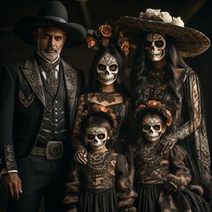 mexican family fully dressed up for Dias de Las Muertes (Day of The Dead), family portrait, all looking the the camera, dark colours and flowers, AI