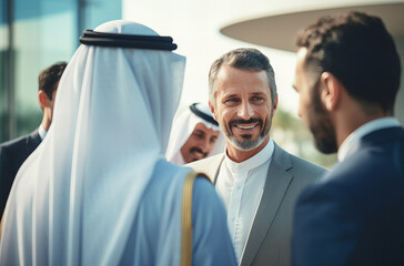 Arabian Business Delegation with Happy Faces in a Business Meeting - obrazy, fototapety, plakaty