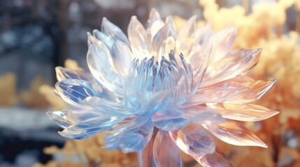 A Crystal Chrysanthemum glistening in the soft morning light, petals reflecting a myriad of colors.