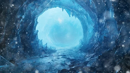 Poster Paysage fantastique background ice tunnel, cave, abstract cold blue passage, hole in the winter world fantasy graphics