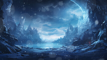 Fototapeta premium icy world, twilight in a frozen world among icy rocks snowfall, abstract cold blue landscape mountains