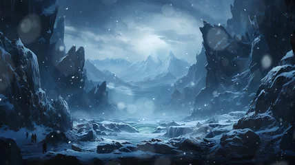 Fototapeten icy world, twilight in a frozen world among icy rocks snowfall, abstract cold blue landscape mountains © kichigin19