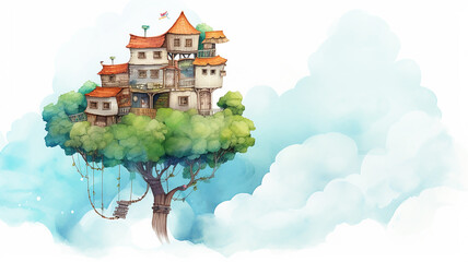 illustration of a tree house in the clouds isolated on a white background , graphics for children fairy tale