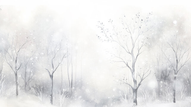 winter, light white background snowfall in the forest with a copy  space, trees covered with snowflakes, flat graphics, empty blank greeting card, watercolor design