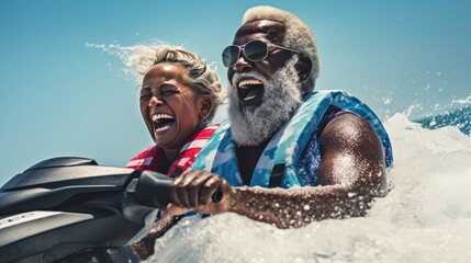 two elderly people riding a jet ski, in the style of epic portraiture.